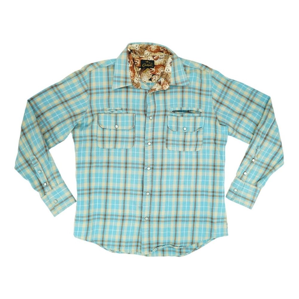 Cockpit USA Plaid Shirt Mens Large L Blue Plaid Button Up Owl Print